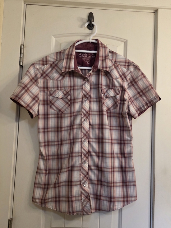 Kuhl Tops - Kuhl Short-Sleeve Plaid Snap-Up Shirt - Burgandy/Pink/White